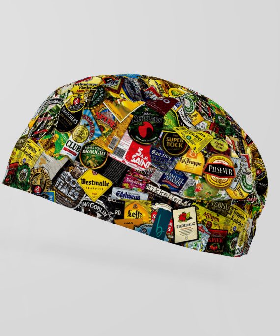 ¡Para los que saben disfrutar dentro y fuera del quirófano! Gorro quirúrgico en collage con cervezas ecuatorianas y del mundo. Estilo único, lleno de sabor, perfecto para profesionales de la salud con personalidad.
