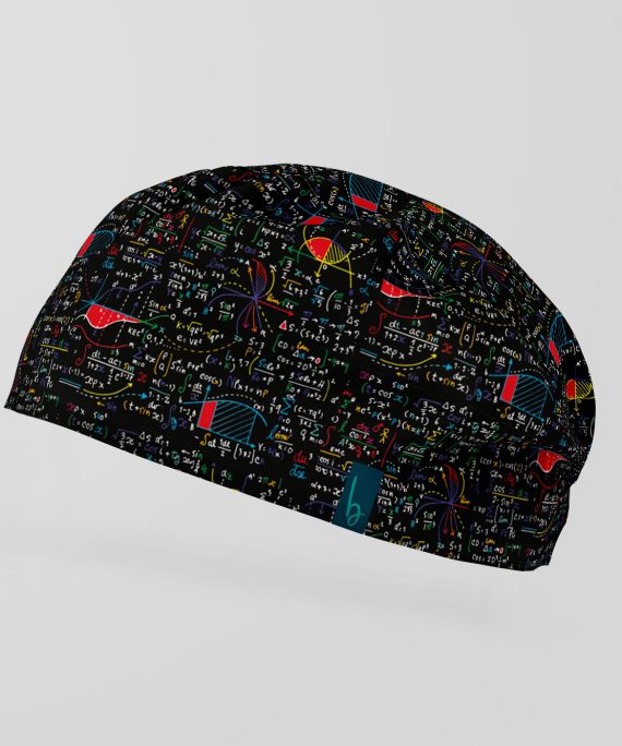 ¡Que las ideas fluyan como números en el aire! Gorro quirúrgico con ecuaciones matemáticas en estilo doodle, ideal para mentes brillantes.