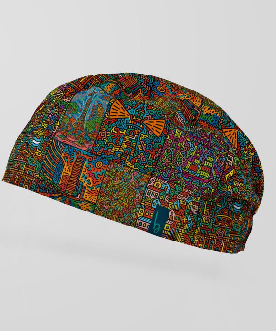 Lleva contigo un pedacito de Guayaquil en cada jornada con este gorro quirúrgico único. Inspirado en las postales clásicas de la Perla del Pacífico, su diseño mezcla colores vibrantes, ilustraciones en estilo cómic y detalles en collage que evocan los rincones más icónicos de la ciudad.