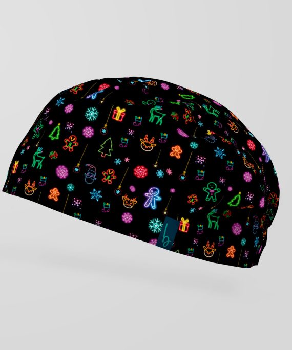 Enciende tu turno con el gorro Navidad Neón: renos brillantes, galletitas luminosas y pura vibra festiva. ¡Luz, color y Navidad en cada puntada!